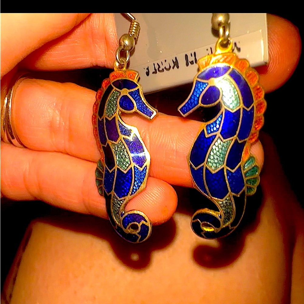 Vintag Cloisonné Seahorse Earrings In Light Blue & Dark Blue